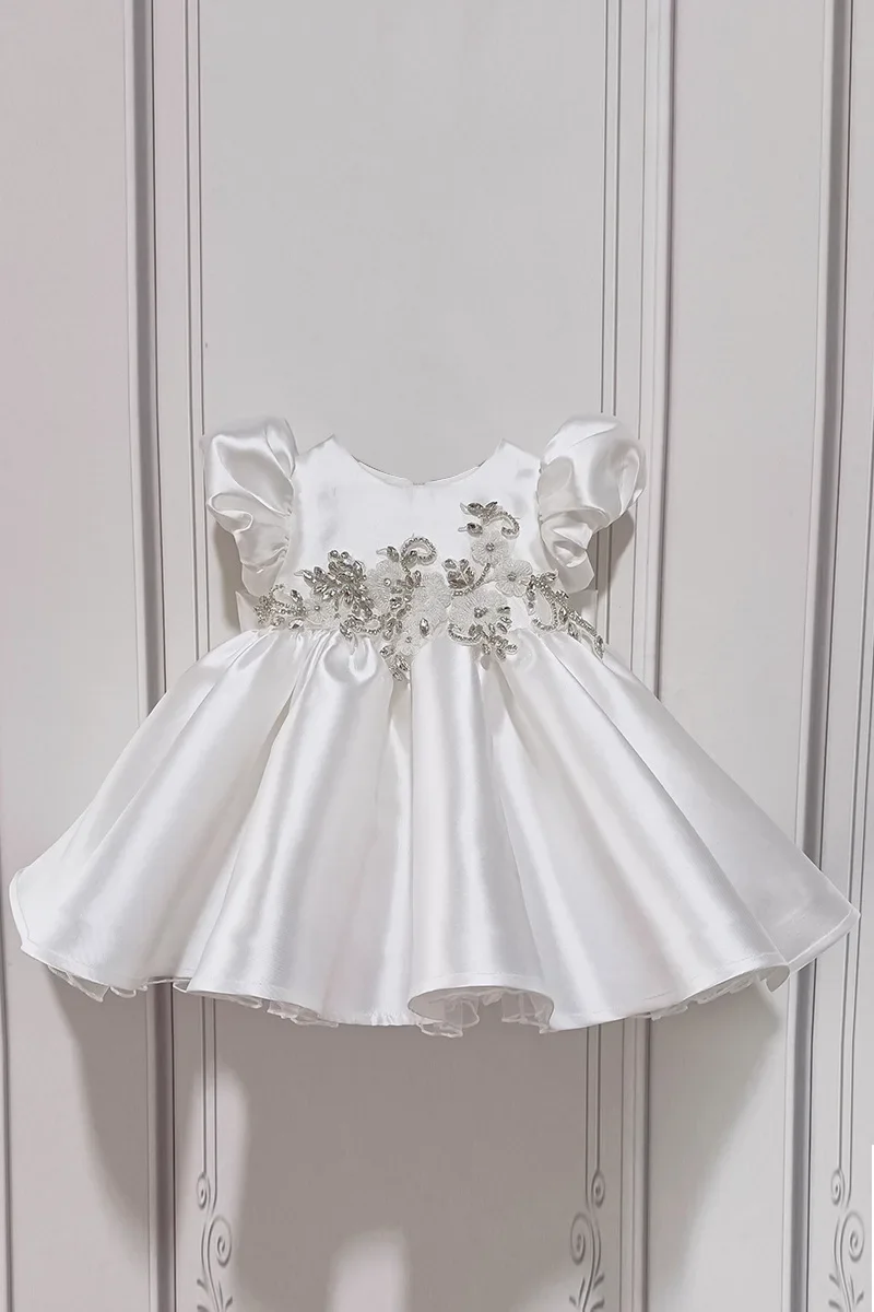 Vestido infantil de renda branca com miçangas, Vestidos de princesa recém-nascidos, 1 ° vestido de festa de aniversário, vestido de noite