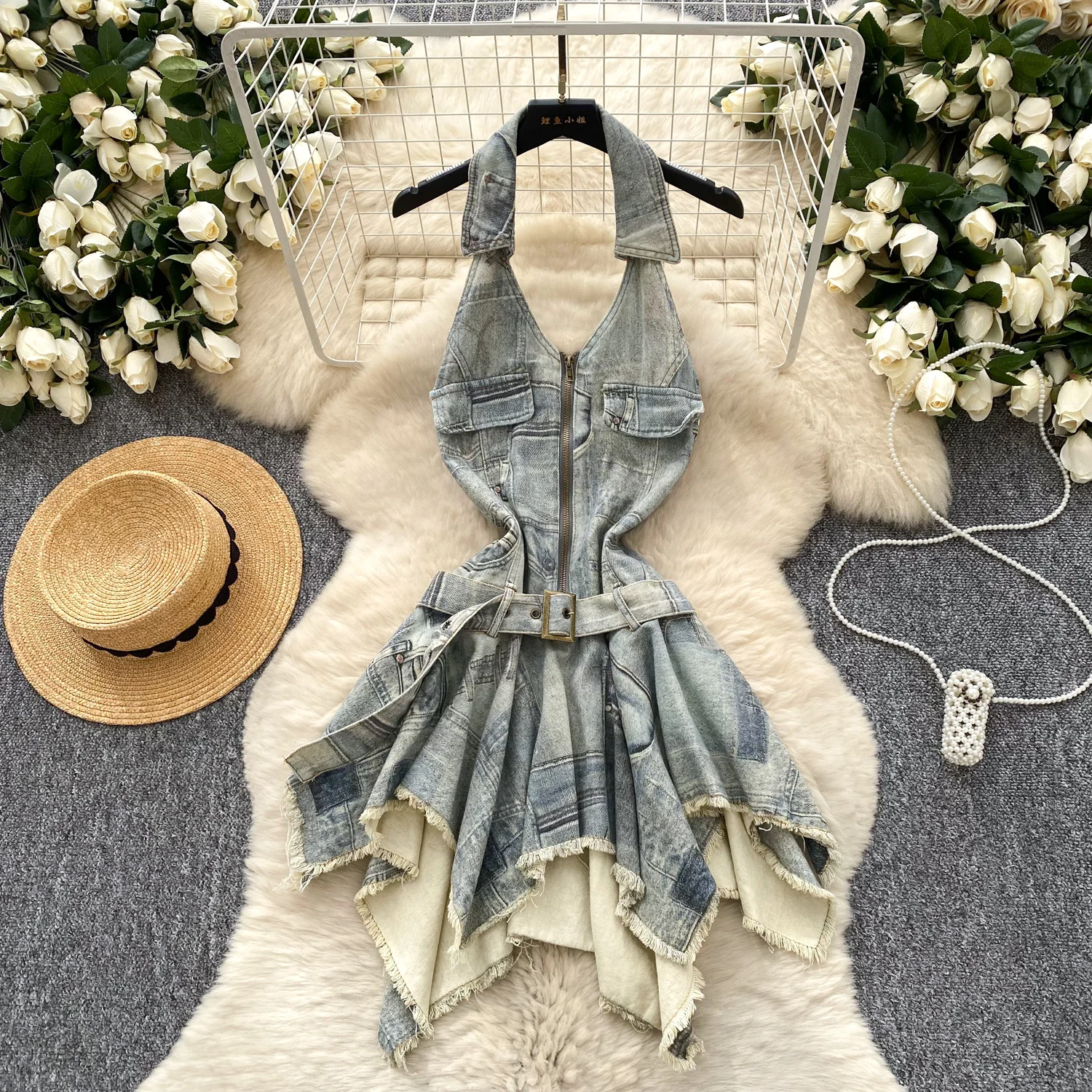 

Vintage American Style Halter Denim Dress for Women Summer Irregular Backless Design Spice Girl Short Dresses