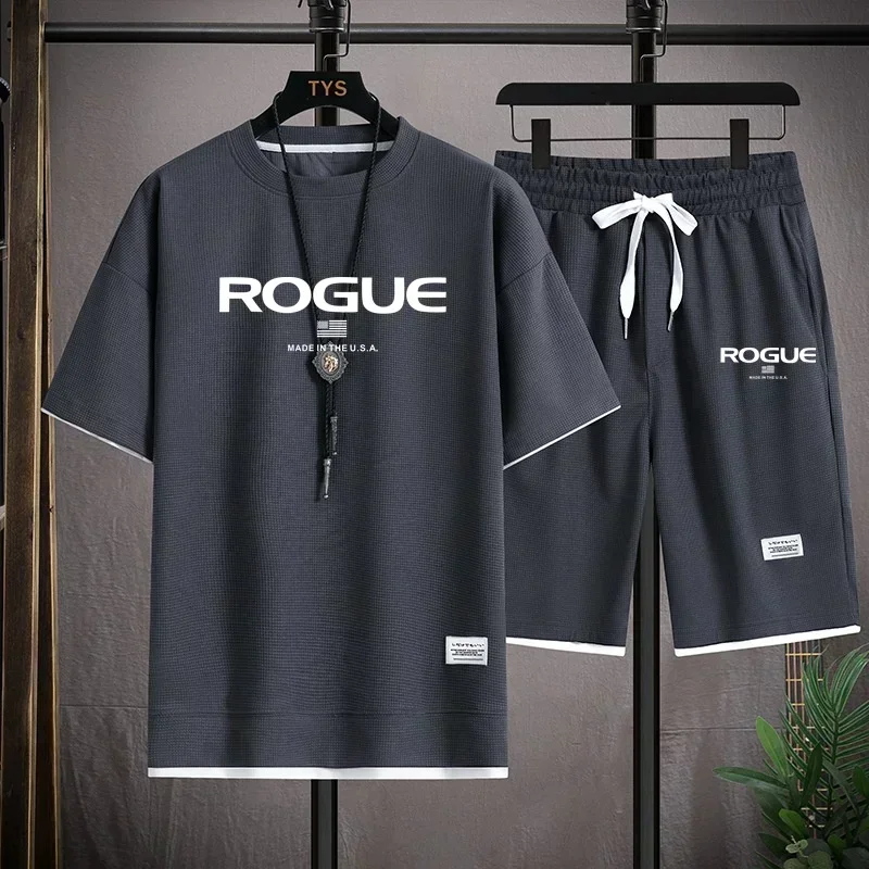 

Новый модный брендовый мужской вафельный костюм ROGUE, футболка с короткими рукавами и повседневные шорты 2-в-1, дышащие, быстросохнущие, для ежедневных упражнений