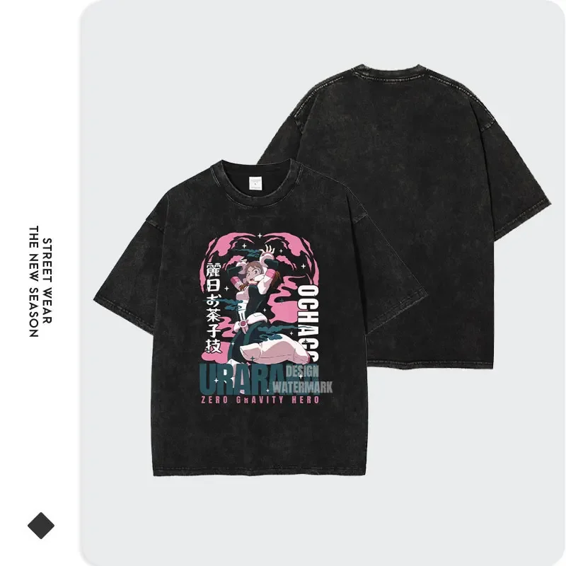 My Hero Academia Anime T-shirt OCHACO URARAKA Graphic T Shirt Vintage Washed Oversized T-shirts Women Men Short Sleeve Tees