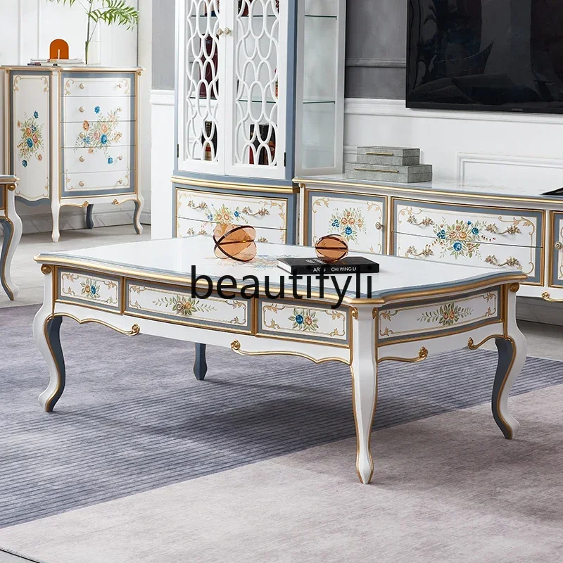 A55 Tavolino europeo dipinto in legno massello Tavolo da tè moderno Combinazione di mobili TV Tavolo da tè per soggiorno di lusso leggero americano