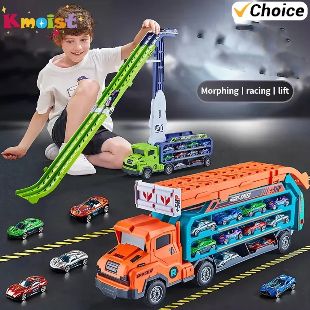레일 캐스트 자동차 세트 관성 슬라이딩 휠 트럭 상승 및 하강 변형 트럭 6개의 합금 자동차 장난감 포함 남자아이 어린이 선물