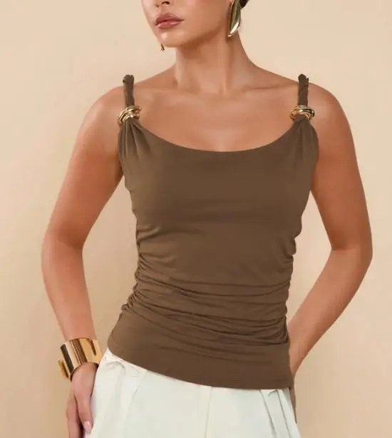 

Top Women 2026 Spring Summer New Fashion Metal Buckle Slim Fit U-Neck Sleeveless Casual Solid Color Daily Versatile Vest Top