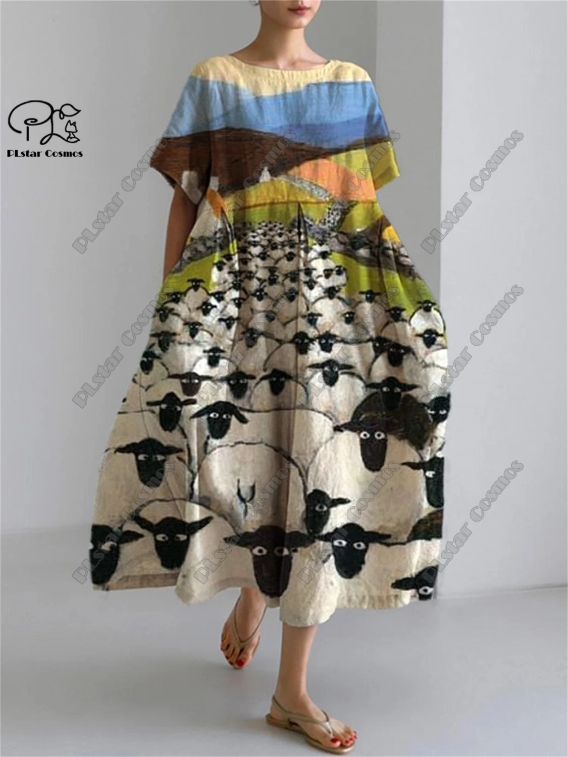 PLstar Cosmos 3D stampato retrò floreale manica corta da donna girocollo abito estivo casual stile vacanza Street Series 16