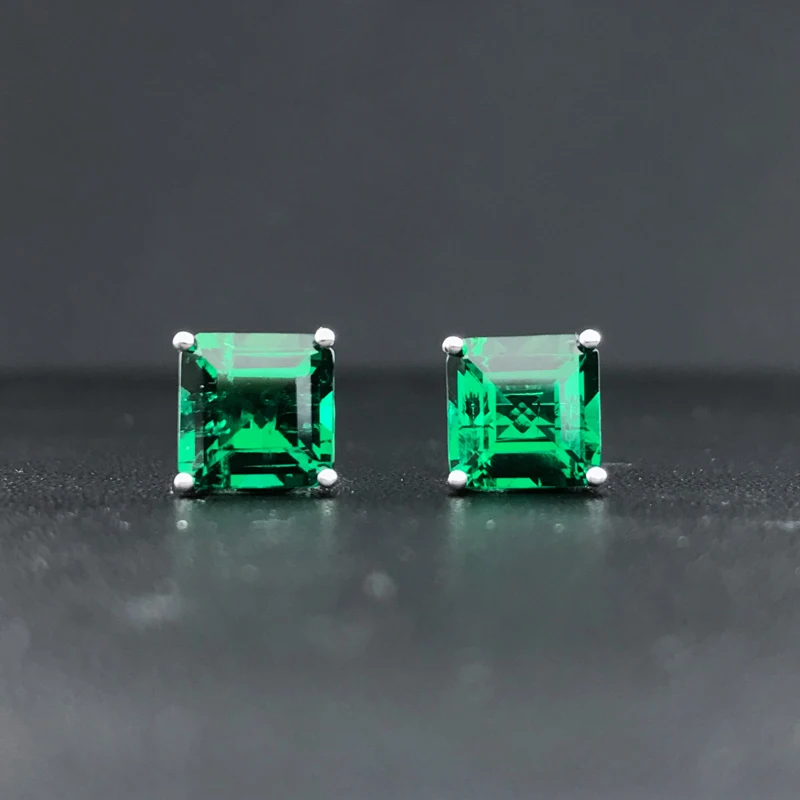 CSJ 100% 10K Gold Lab Grown Emerald Stud Earring Hydrothermal Created Emerald Sparking Jewelry for Women Party Wedding Gift - view 2