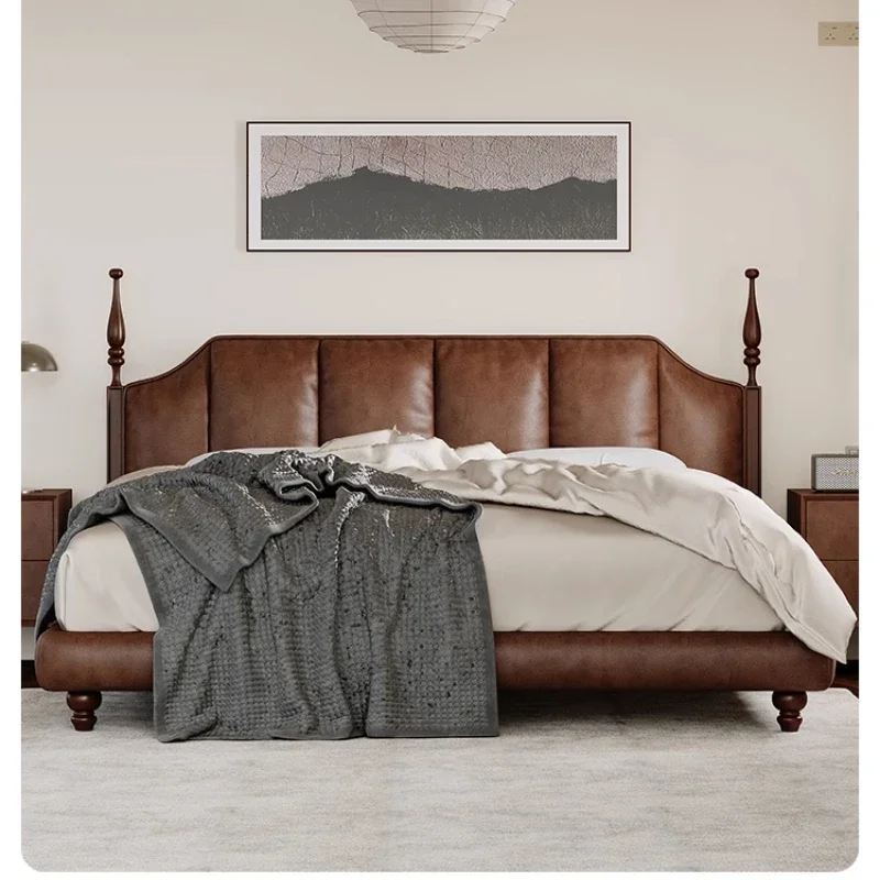 French retro leather bed high box storage bed head double