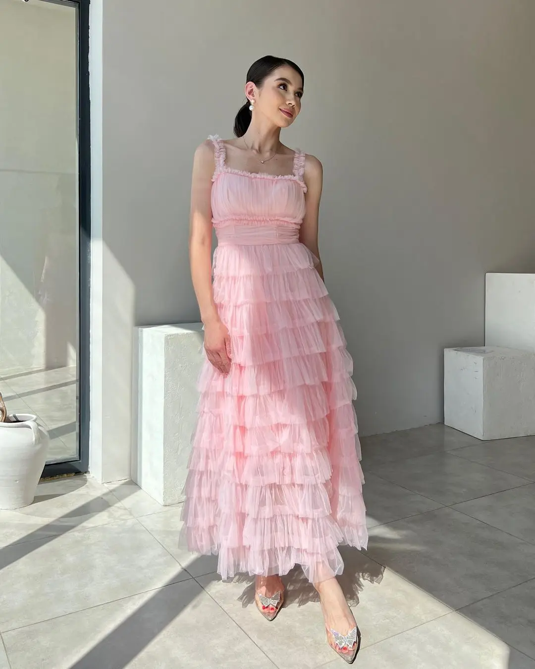 

Fashionvane Pink Tulle Ankle Length Princess Girls Wear Prom Dresses Spaghetti Strapless Zipper Back Evening Party Formal Dress