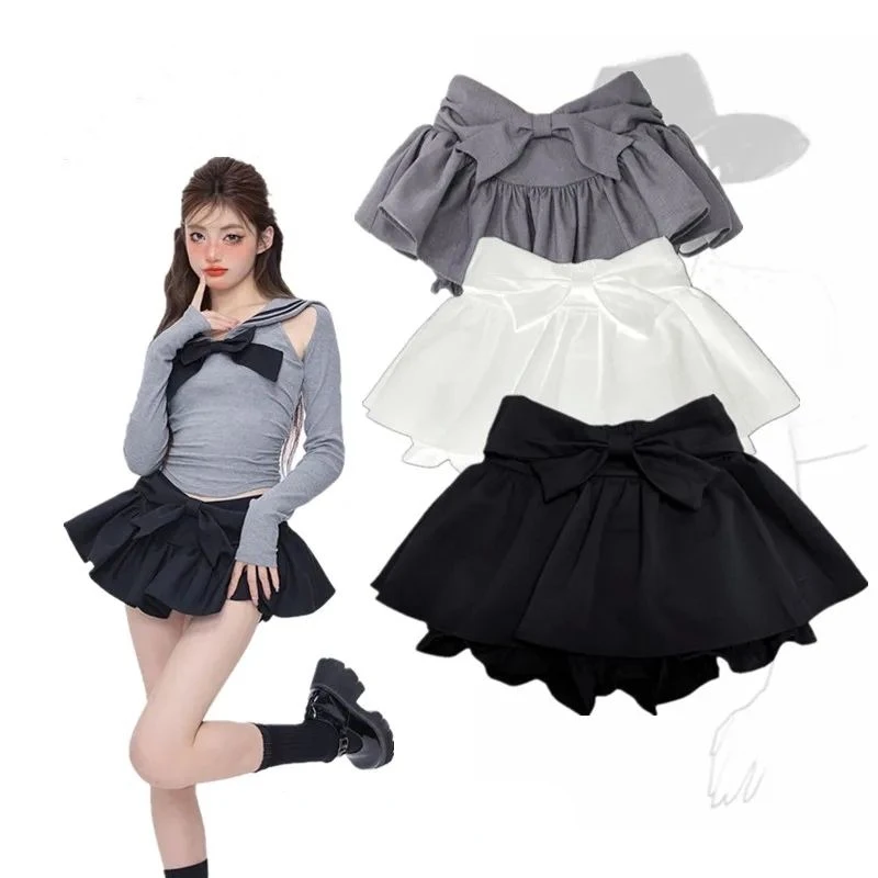 

Preppy Style Gothic Y2k Two Pieces Kawaii Clothes Crop Top Mini Skirt Women Hollow Out Long Sleeve T-Shirt Bow Skirt Harajuku