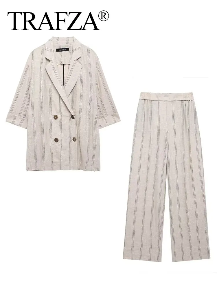 TRAFZA Women's Summer Fashion Linen Striped Blazer + Fashionable Elastic Waist Side Pockets Linen Blend Women's Wide Leg Pants