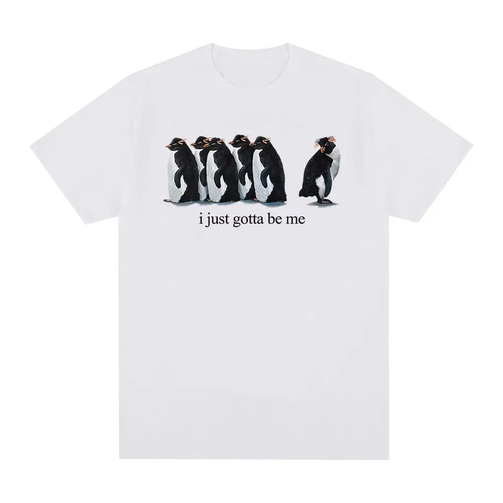 I Just Gotta Be Me Penguin T-shirt Vintage Washed Y2K Aesthetic Unisex Oversized Short Sleeve Summer