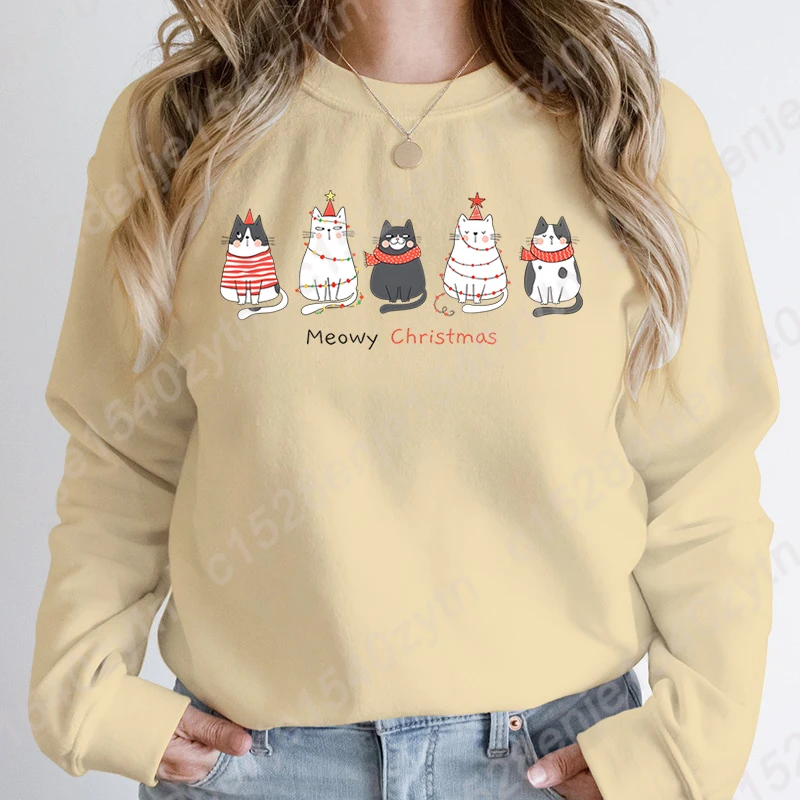 New Fashion Women's Long Sleeve Hoodless Pullovers Christmas Light Cat Meowy Christmas Print Round Neck Outdoor Sweatshirts Tops