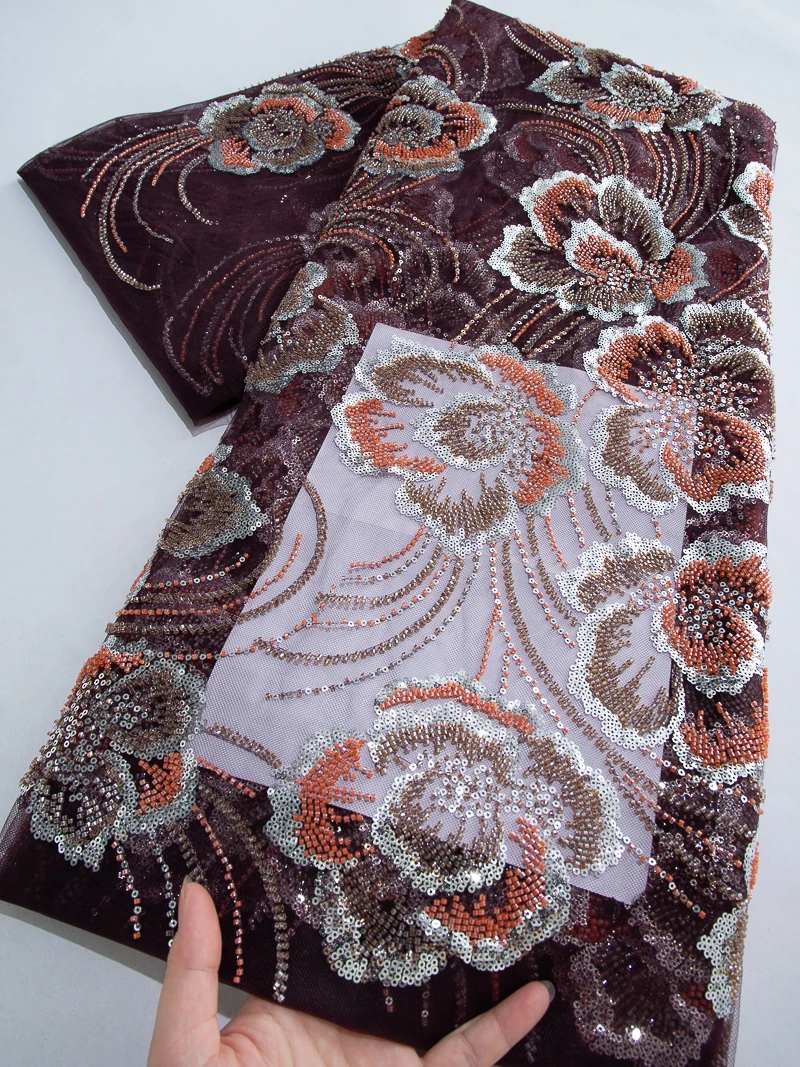 

Высококачественная французская сетчатая кружевная ткань, расшитая бисером, африканская кружевная вышивка, роскошная ткань с блестками для шитья свадебных платьев, 2,5 ярда 4500