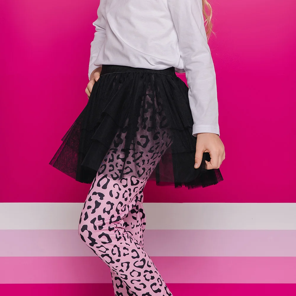 VIKITA Girls Pink Leopard Print Leggings with Mesh Tulle Tutu Skirts Fake 2 Pcs Kids Fashion Elegant Cotton Casual Soft Pants
