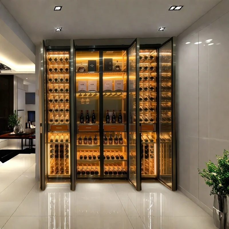 

Встраиваемый винный шкаф из нержавеющей стали с индивидуальной отделкой для гостиной, с премиальными функциями