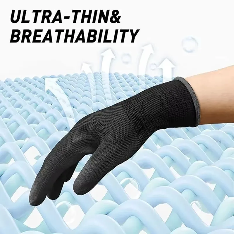 Black Nylon PU Coated Gloves Breathable Non Slip for Factory Machinery Gardening Woodworking Outdoor Safety Work Gloves