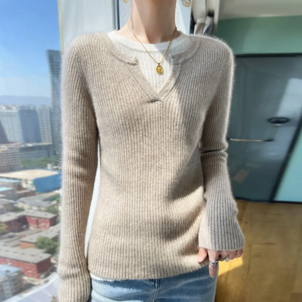 

Women's round Neck Cardigan Loose Knitted Sweater Autumn Winter Color-Matching Fake Two-Piece Base Shirt