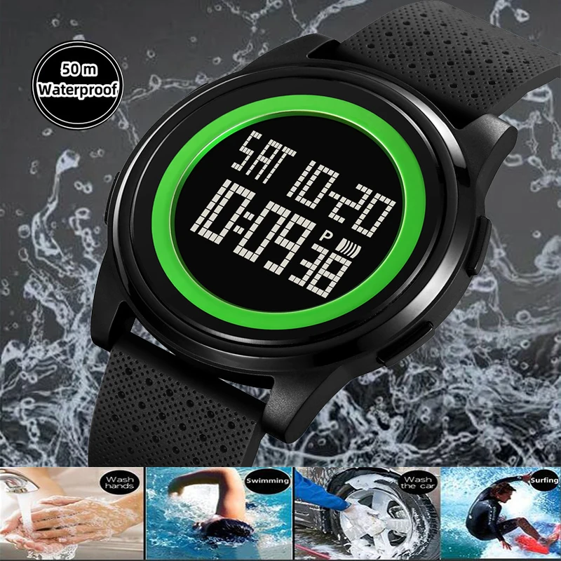 Skmei Mens Digital Watches Slim Case TPU Strap 50M Waterproof Swimming Sports Dual Time Fashion Led Light Alarm Clock