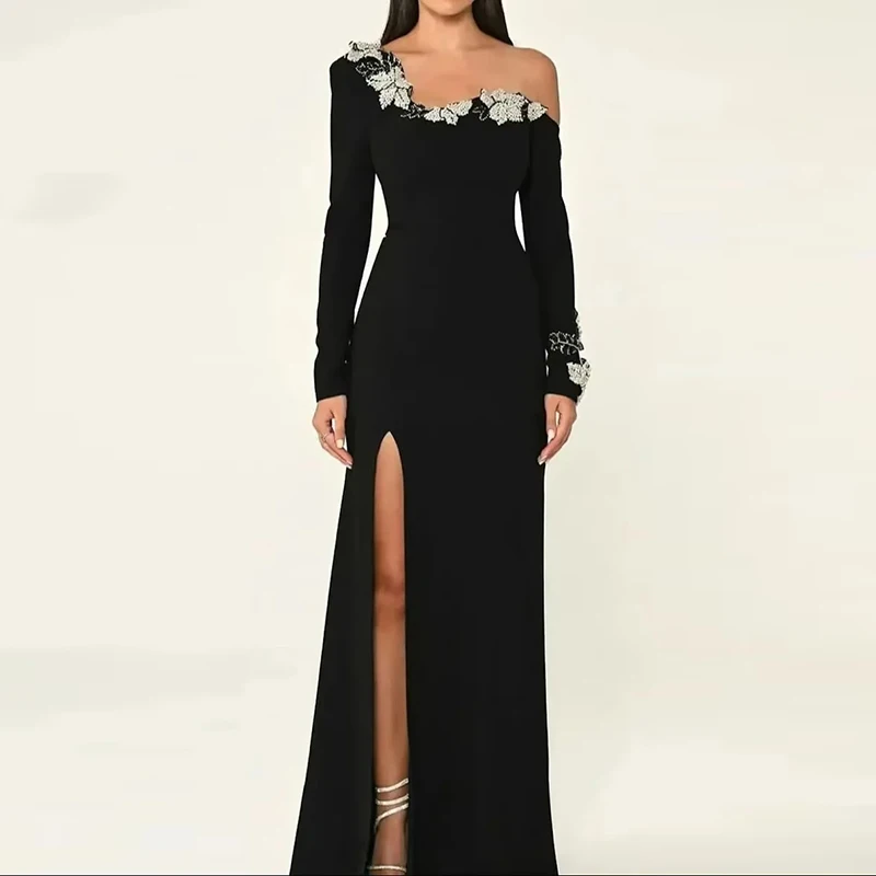 

Elegant One-Shoulder Black Evening Dress Woman High Slit Party Dress Long Sleeve with Flower Accents Prom Dresses Gala