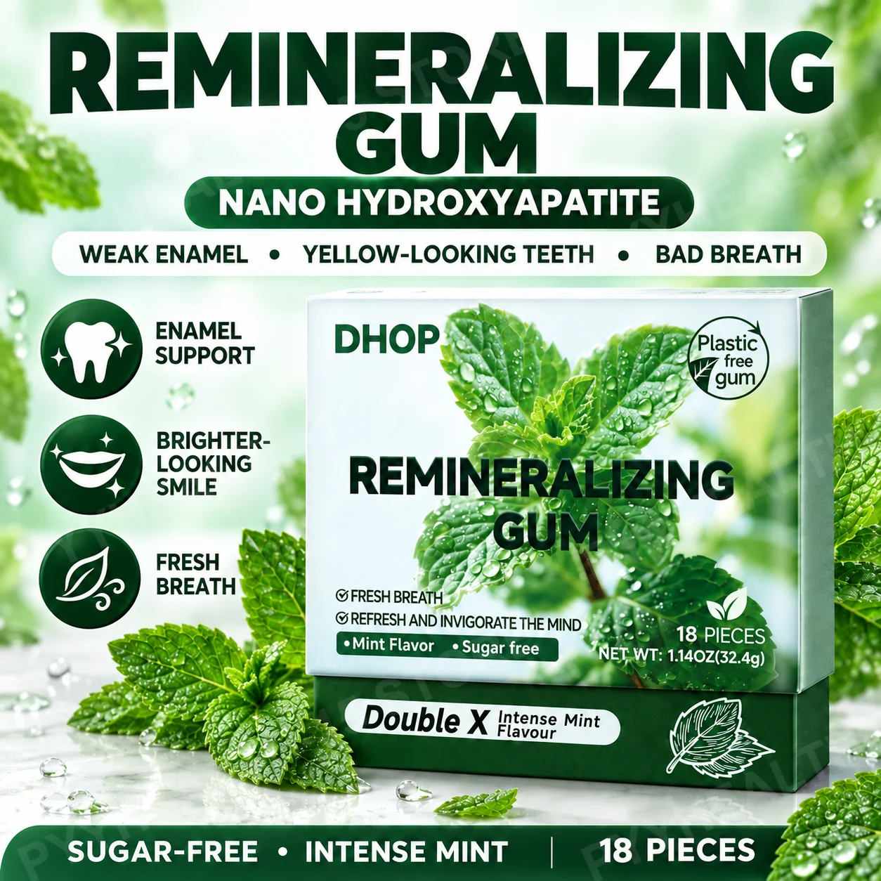 Remineralizing Gum with Nano Hydroxyapatite for Weak Enamel, Yellow Teeth & Bad Breath, Sugar-Free Intense Mint, 18 Pieces