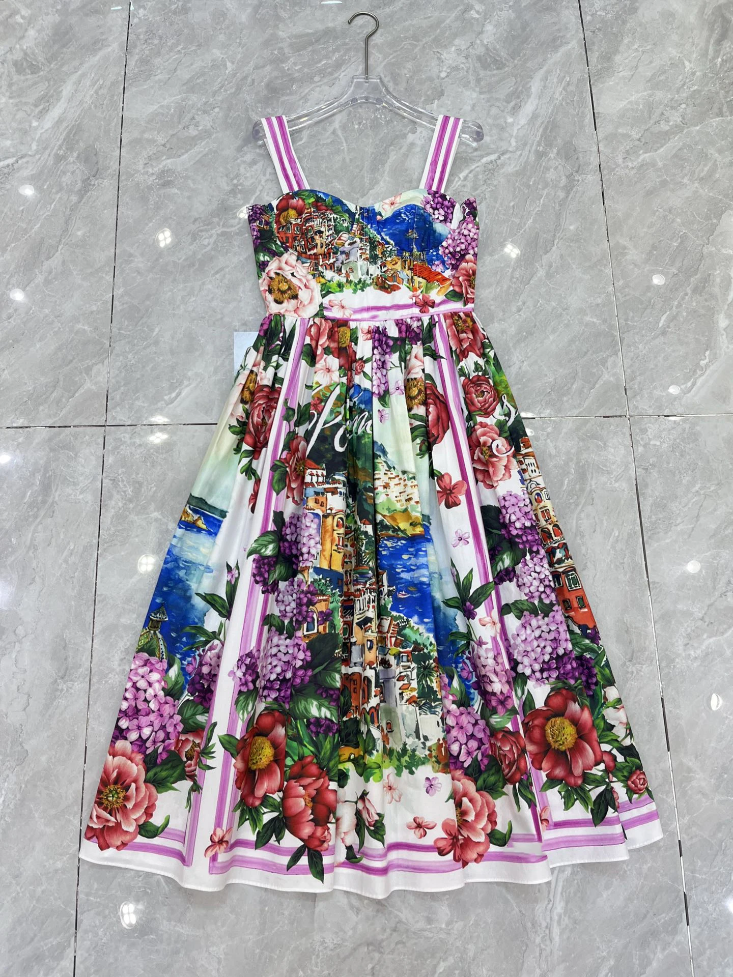 SEQINYY Elegant Midi Dress 100% Cotton Vintage Flower Print Summer Spring New Fashion Design Women Runway High Quality Holiday