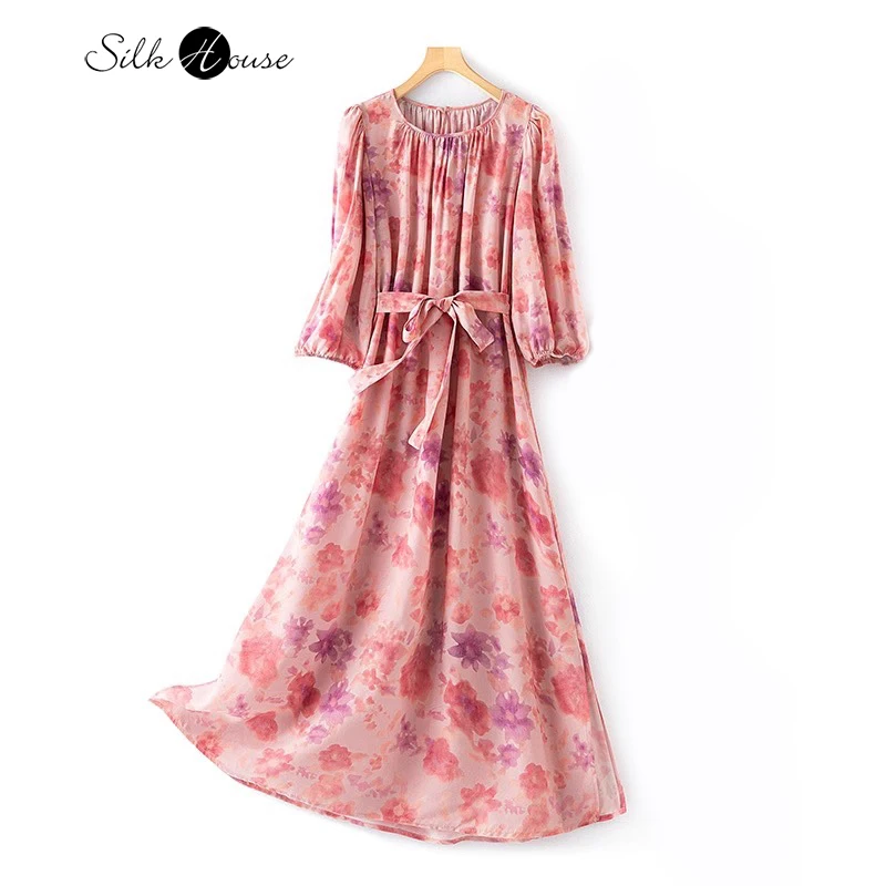 

2024 Women's Fashion Summer New Flower Print 100% Natural Mulberry Silk Crepe De Chine Three-quarter Sleeve Round Neck Dress