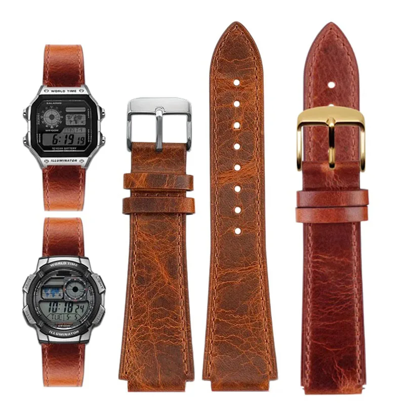 Pulseira de Couro Vintage para Casio AE-1200 A158/AE159/AE1200/AE1300/AE1000 W-216H, Estilo Retrô Modificado com Extremidade Convexa, Couro Bovino, 18mm