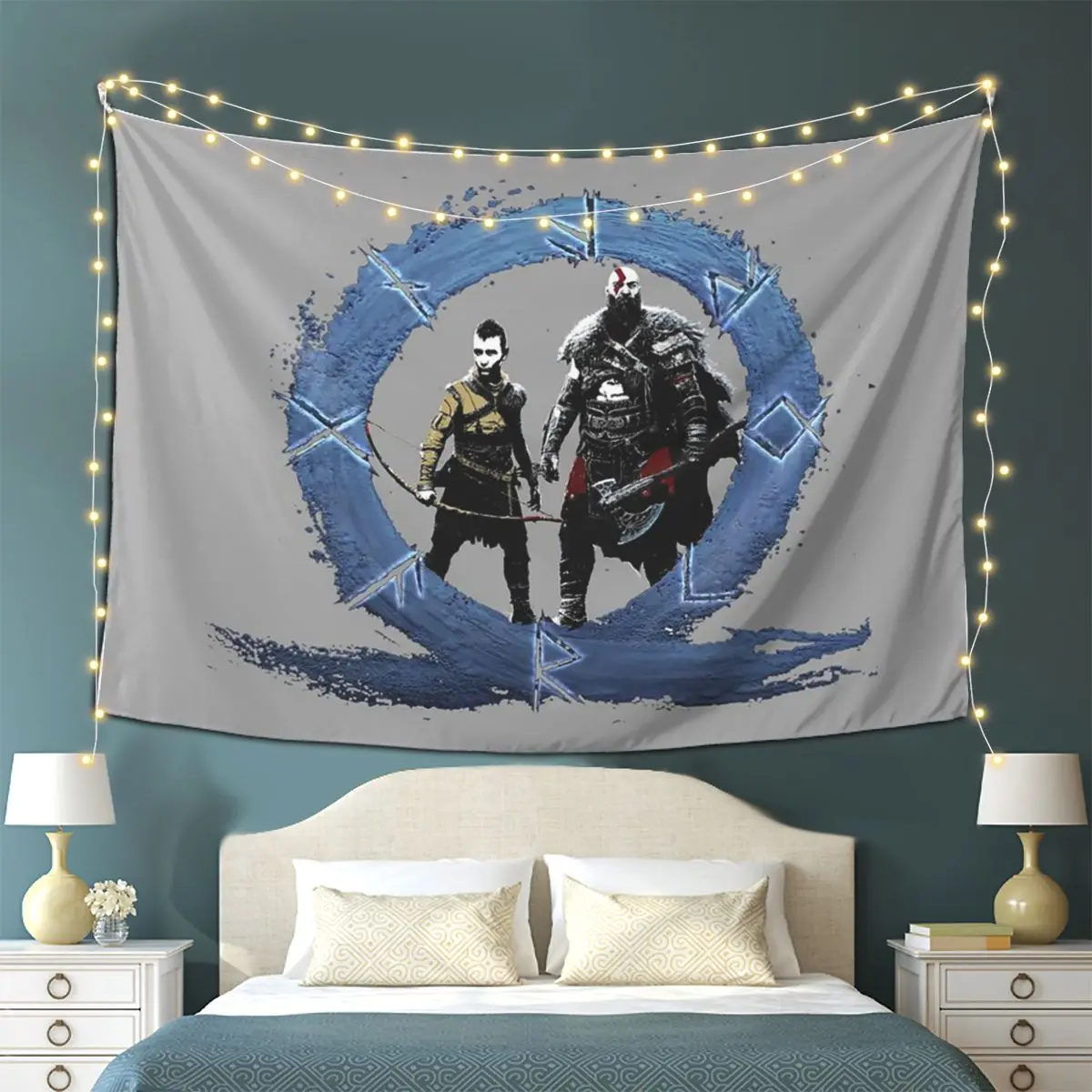 

Men God Of War Kratos Game Tapestry Wall Hanging Aesthetic Home Decoration Tapestries for Living Room Bedroom