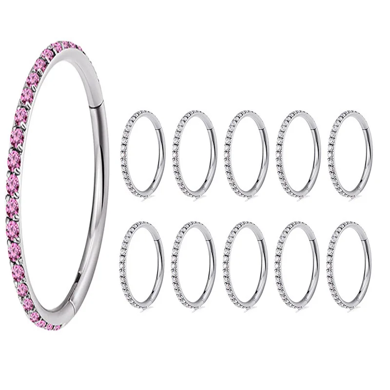 

10 PCS ASTM F136 Titanium Nose Ring Hinged Segment Hoop CZ Septum Nipple Clicker Helix Labret Lip Earring Piercing Body Jewelry