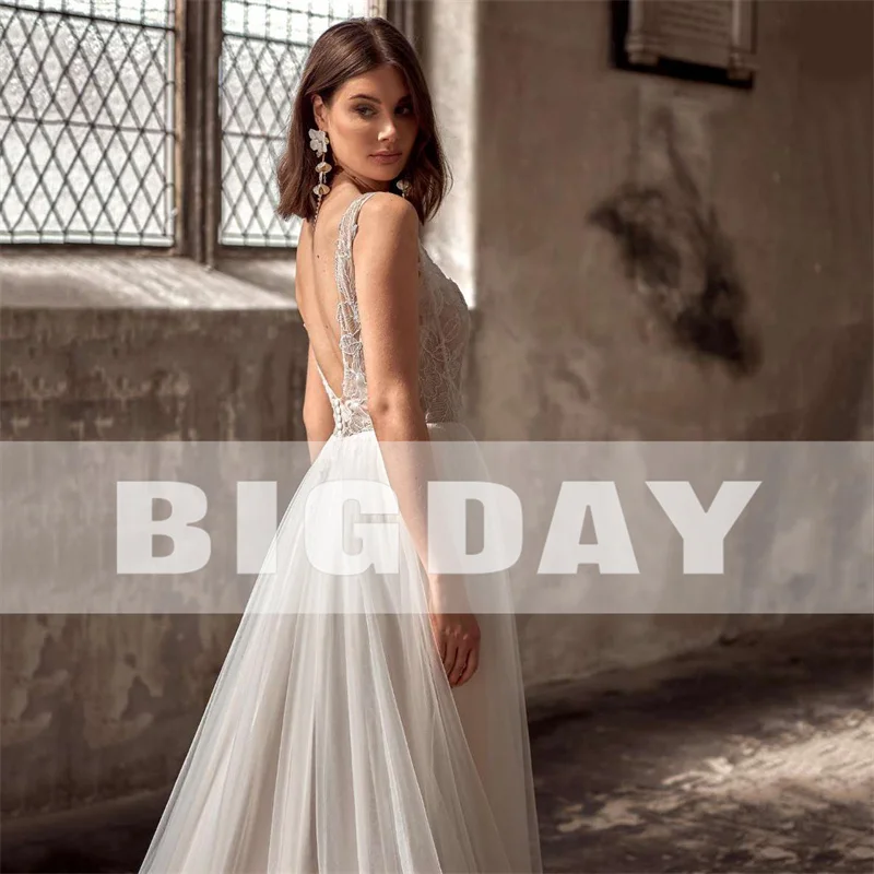 Elegant A-Line Wedding Dresses Women Open Square Collar Spaghetti Straps Lace Applique Bridal Gown Sweep Train Vestidos De Noiva