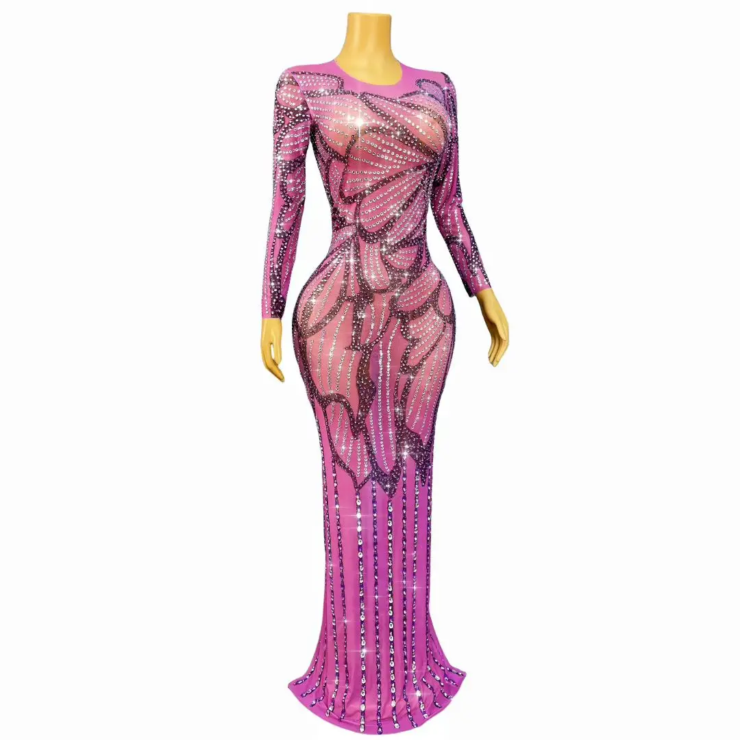 Lange Ärmel Blume Diamant Geburtstag Party Feier Langes Kleid Weibliche Abend Bankett, Figurbetontes Kleid Frauen Prom Club Outfit