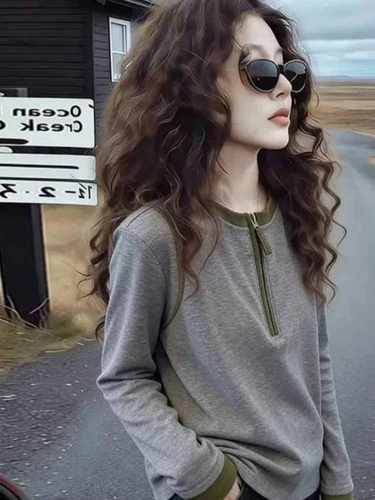Korean Style Grey Green Color Block Long Sleeve Women's T-shirt Half Open round Neck Base Shirt Autumn New Arrival Top