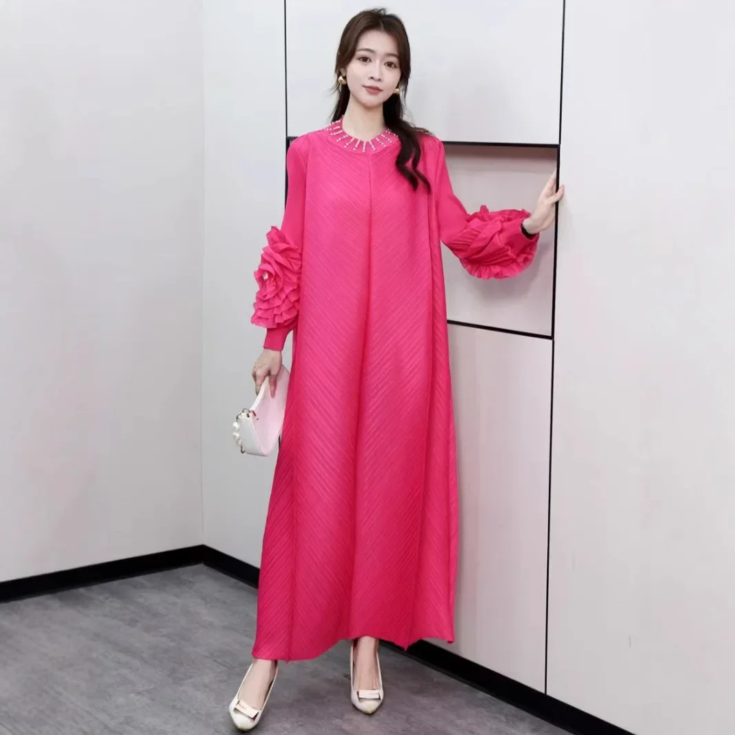 Pleats Pleated Dress Hand Shaken Flower 2025 Spring Summer New Long-sleeved Elegant Dress Women Printed Long Dress Plaid Skirt