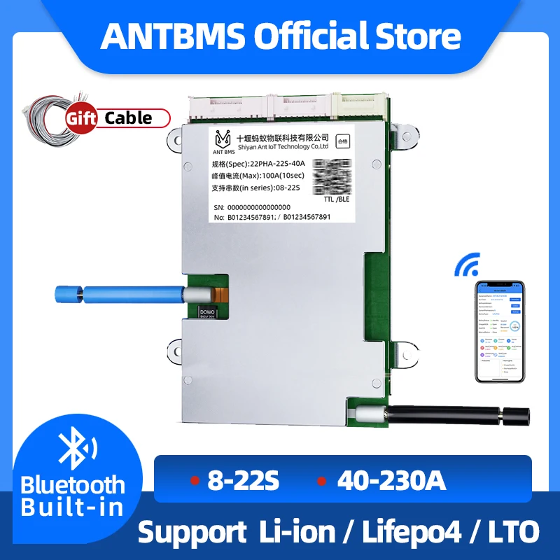 

ANT BMS 8S 10S 13S 14S 16S 20S 22S Smart Battery System for Li-ion LiFePo4 LTO Batteries Bluetooth Built-in Balance Peak 40