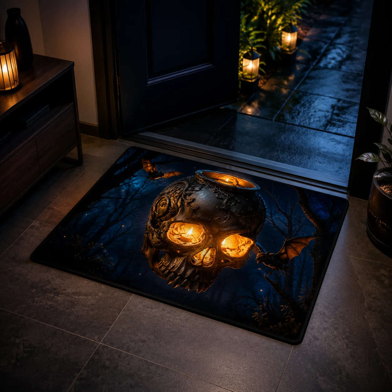 VIKAMA Skull Candle Gothic Flannel Square Rug, 7 Assorted Designs, Non-Slip Washable Halloween Decor Mat