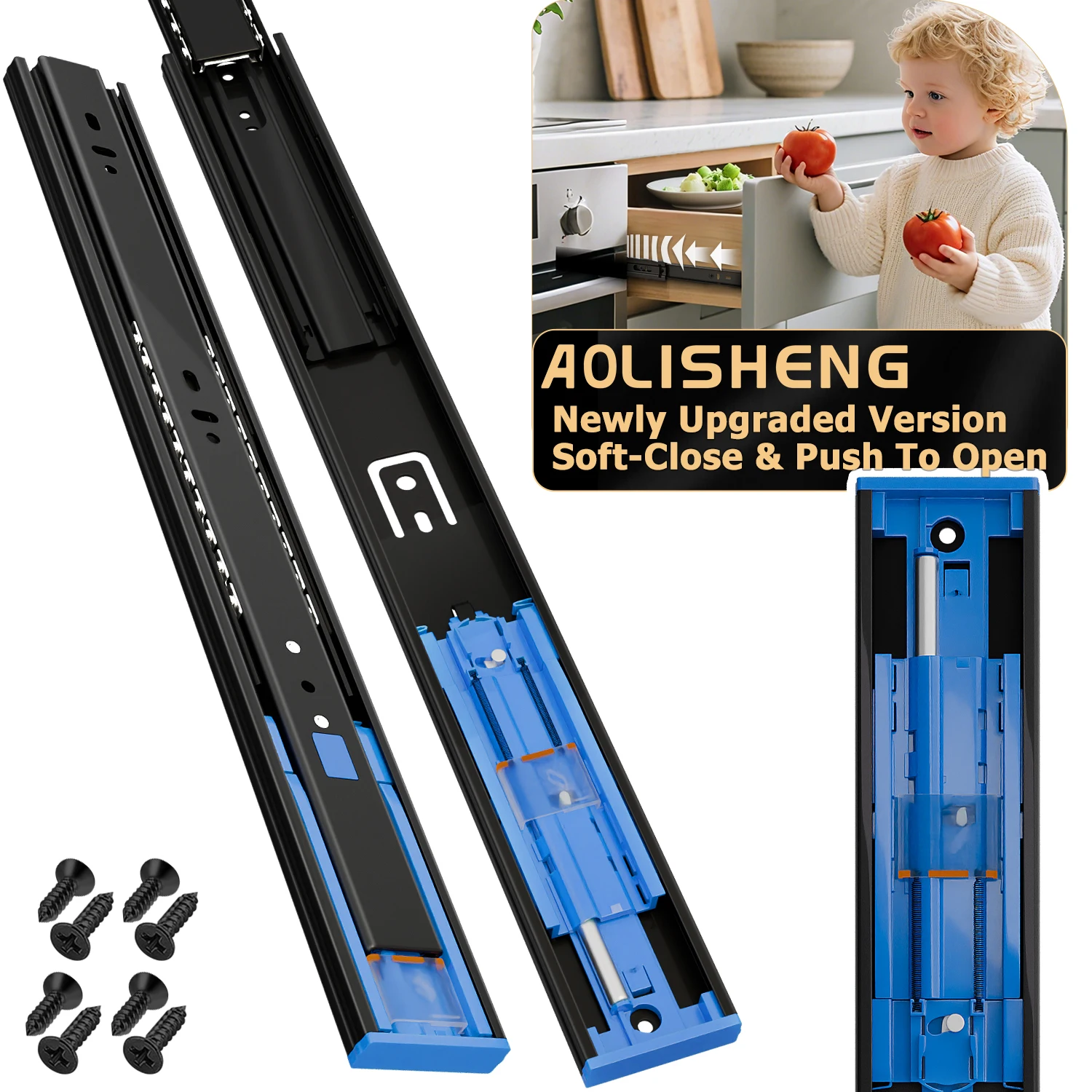 AOLISHENG Push to Open + Soft Close Drawer Slides 10″ - 24″ Kitchen Cabinet Drawer Glides 1 Pair - Ball Bearing Full Extension
