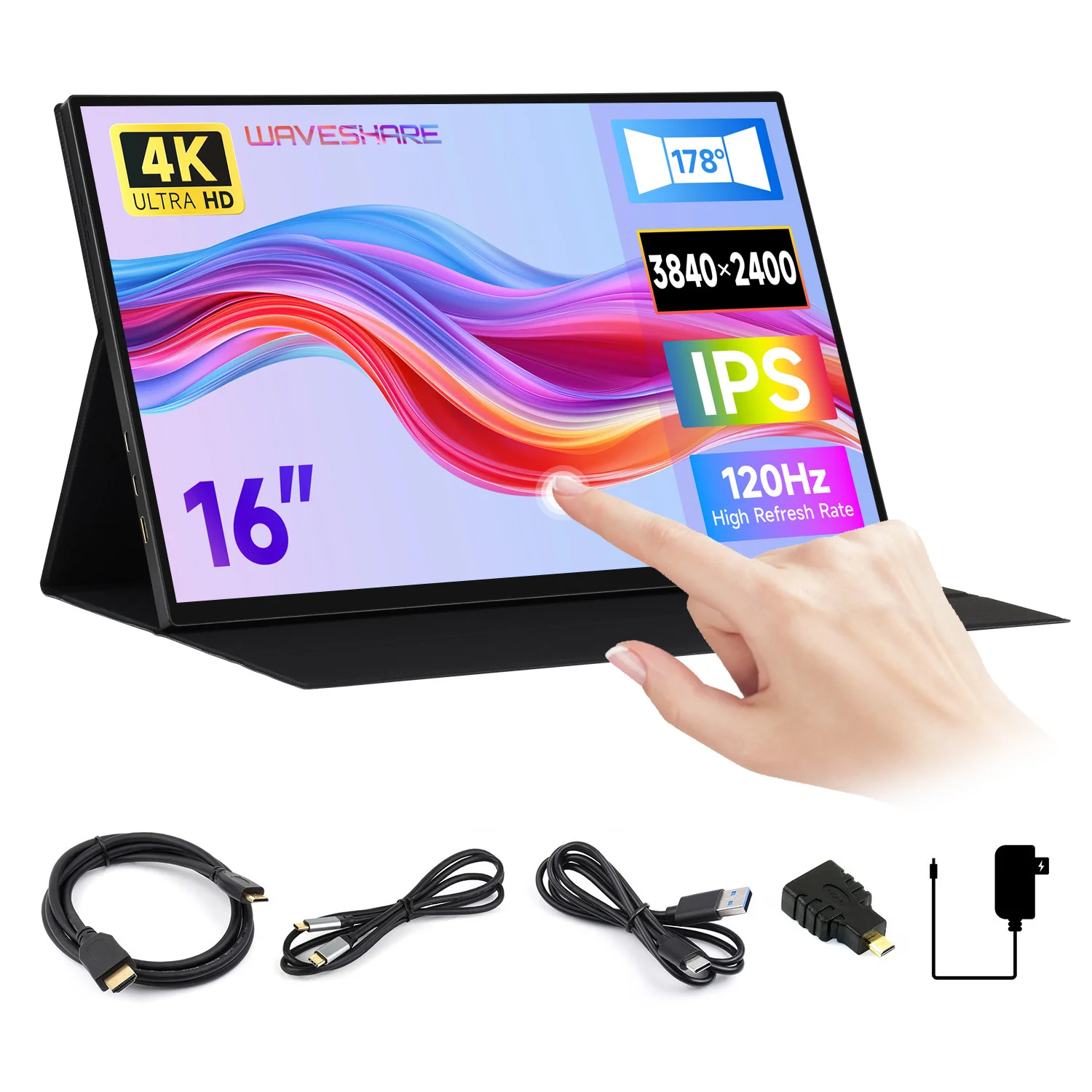 Waveshare Luckfox 16inch 4K Portable Touch Monitor With Magnetic Protective Case 3840 × 2400, HDR 120Hz Refresh Rate