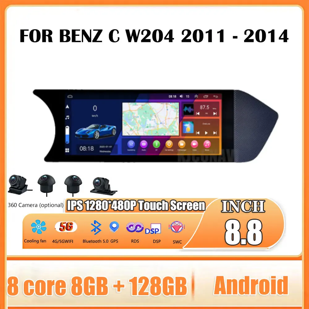 8.8 Inch Android 14 Touch Screen For Benz C W204 2011 - 2014 Car Accessories Auto Carplay Monitors Multimedia Plyaer Stere Radio