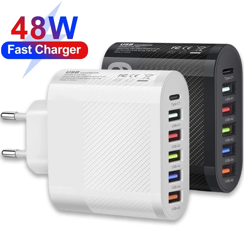 6 Ports USB Charger 48W Fast Charging QC3.0 Travel Charger For iPhone 15 Samsung Xiaomi Mobile Phone Adapter EU/KR/US/UK Plug