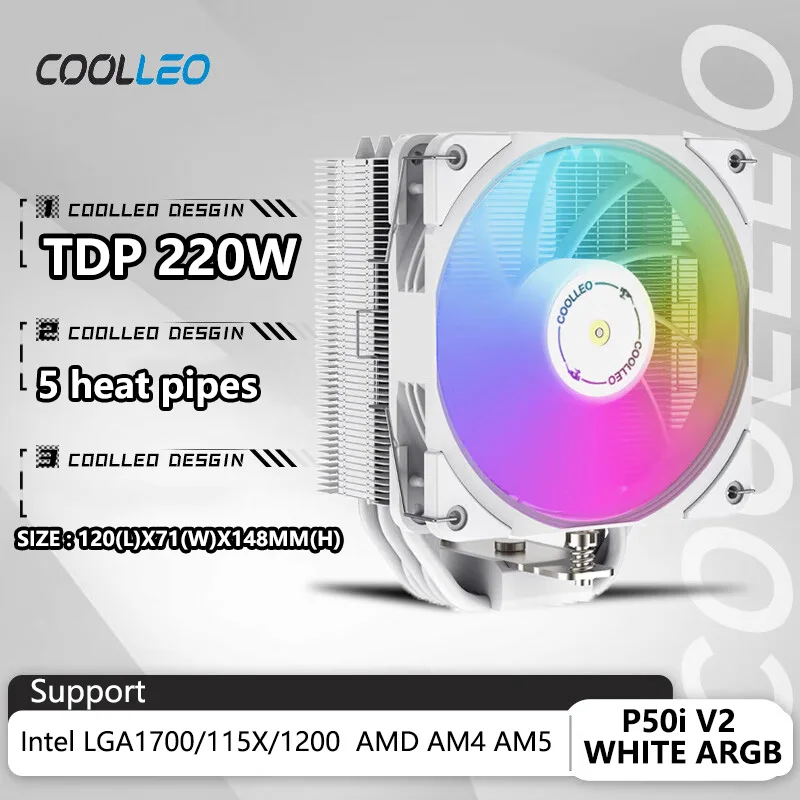 

COOLLEO P50i V2 CPU Cooler 5 Heat Pipes TDP 220W CPU Air Cooler 12CM ARGB Silent Fan For LGA1700 1200 115X AM4 AM5