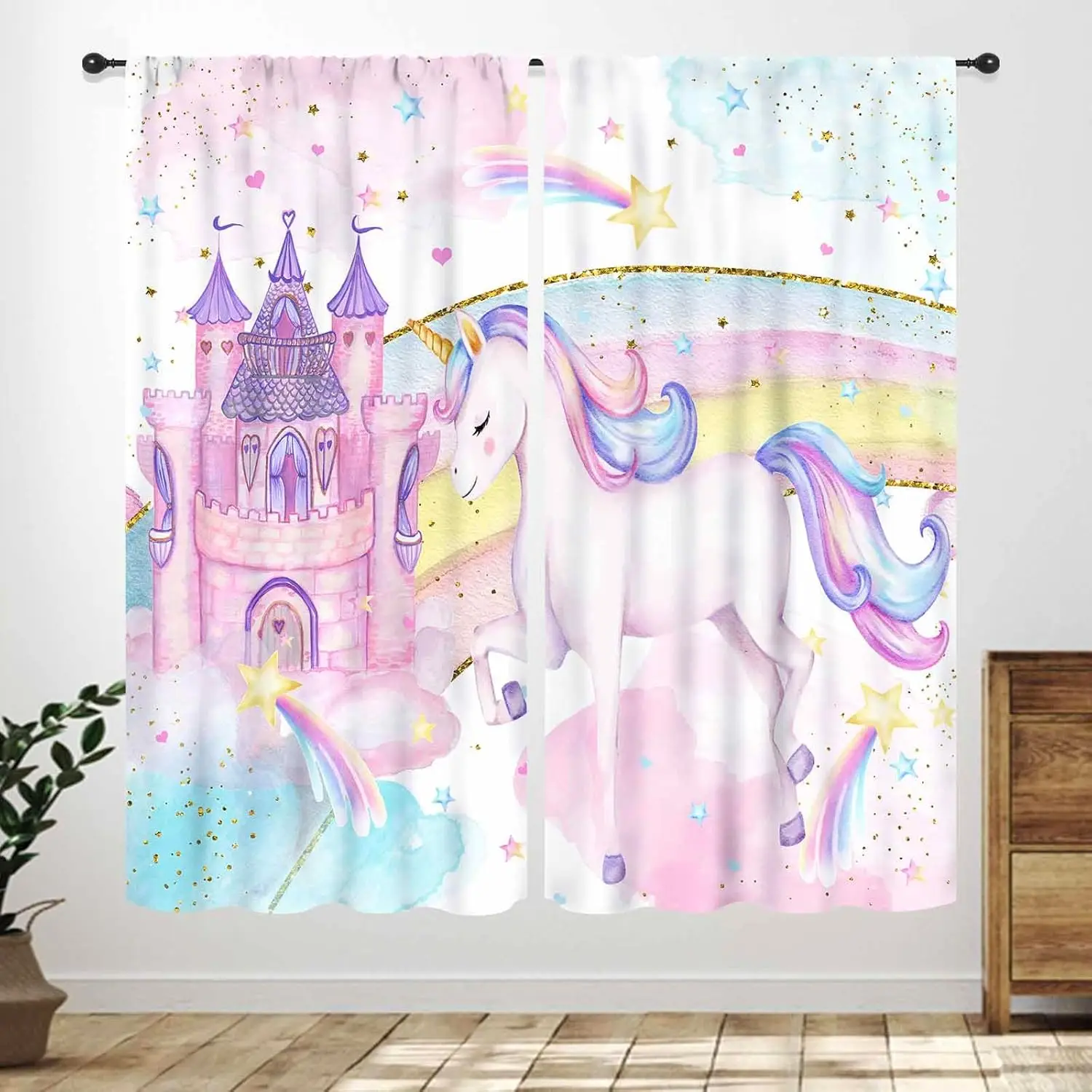 Pink Curtains for Girl Bedroom,Fantasy Watercolor Castle Colorful Starry Sky Unicorn Drpaes for Girls Kids Baby Room Living Room
