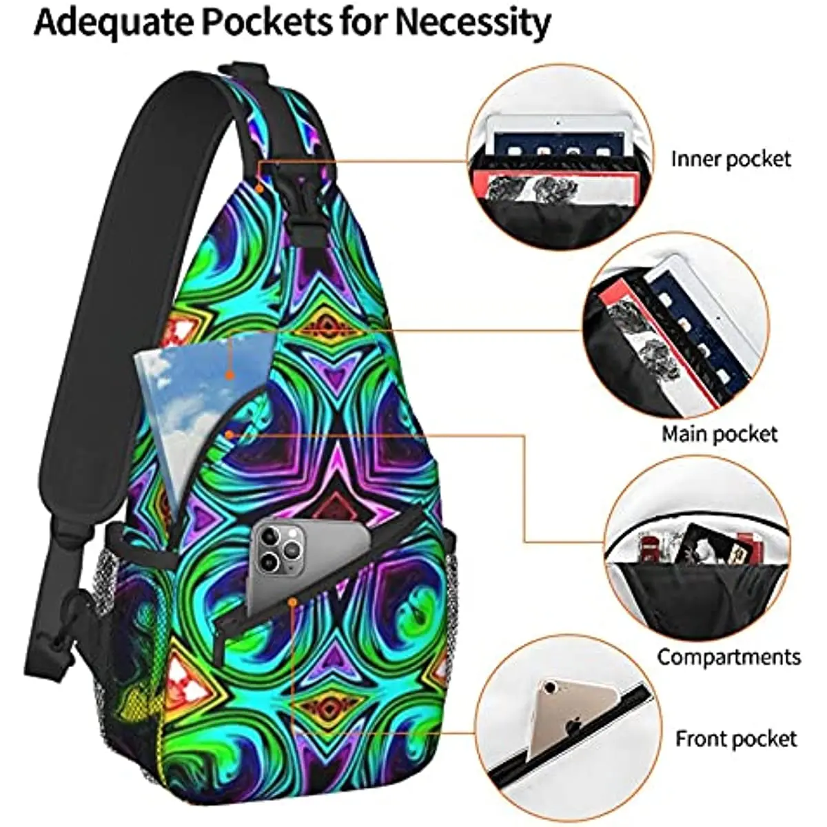 Sling Bag Chest Daypack Tie Dye Watercolor Classic Kaleidoscope Shoulder Backpack Crossbody for Hiking Camping Running