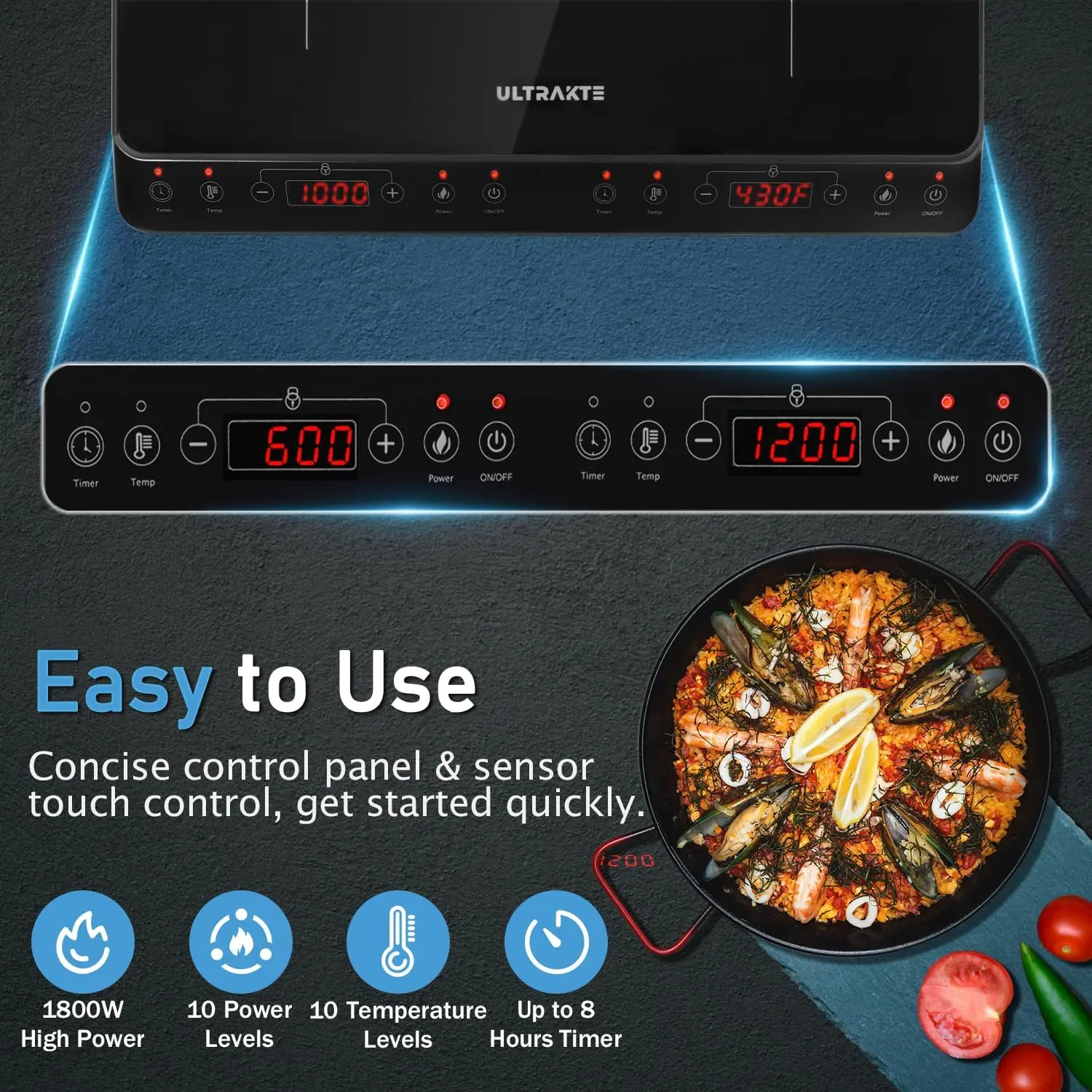 ULTRAKTE Portable Dual Induction Burner with Sensor Touch, 1800W Induction Cooktop 2 Burner, Electric Countertop Cooker with 10