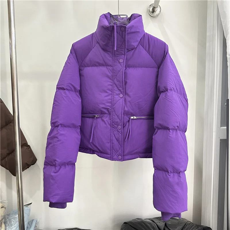 เสื้อแจ็คเก็ตขนเป็ดผู้หญิงสำหรับฤดูหนาวปี 2025 แบบสวมใส่สบาย หนา กันลม คอตั้ง แบบสั้น