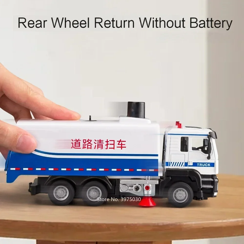 Alloy Diecast Road Sweeper Model Car Toys with Light Music Sanitation Sweeping Truck Wheel Pull Back Vehicle Kids Xmas Gifts