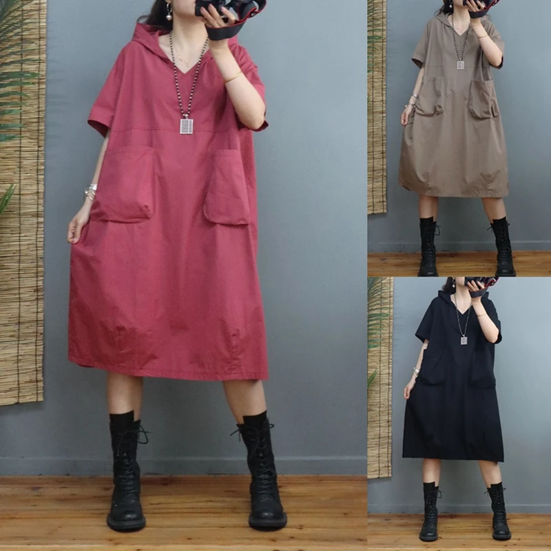 

Women V Neck Loose Dress 2024 Spring Summer Short Sleeve Cotton Hooded Oversized Casual Dress Female Holiday Clothing X1061