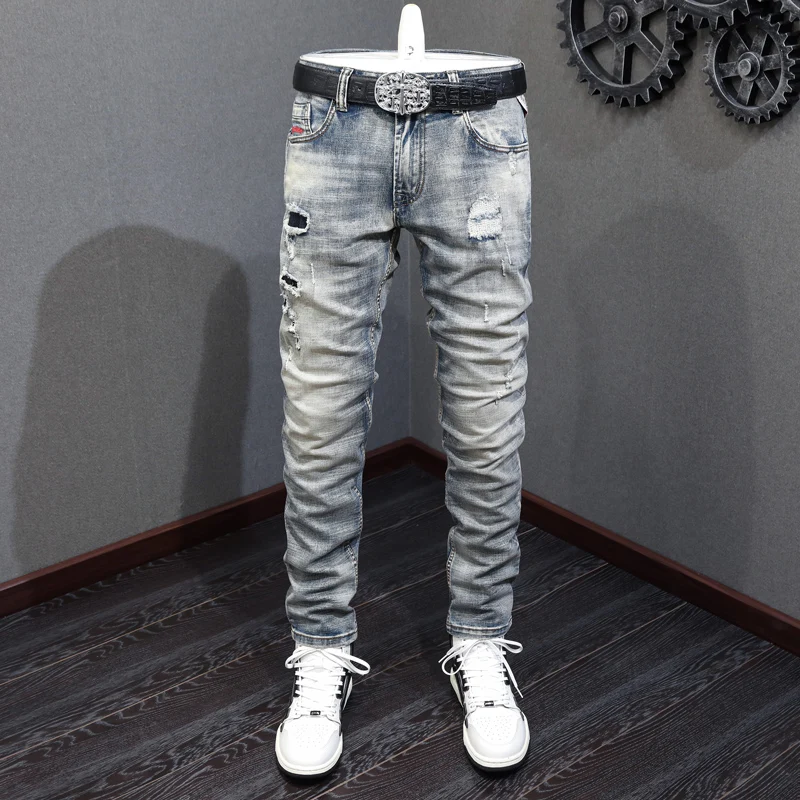 

Italian Style Fashion Men Jeans Embroidery Designer Retro Gray Blue Elastic Slim Ripped Jeans Men Patched Vintage Pants Hombre