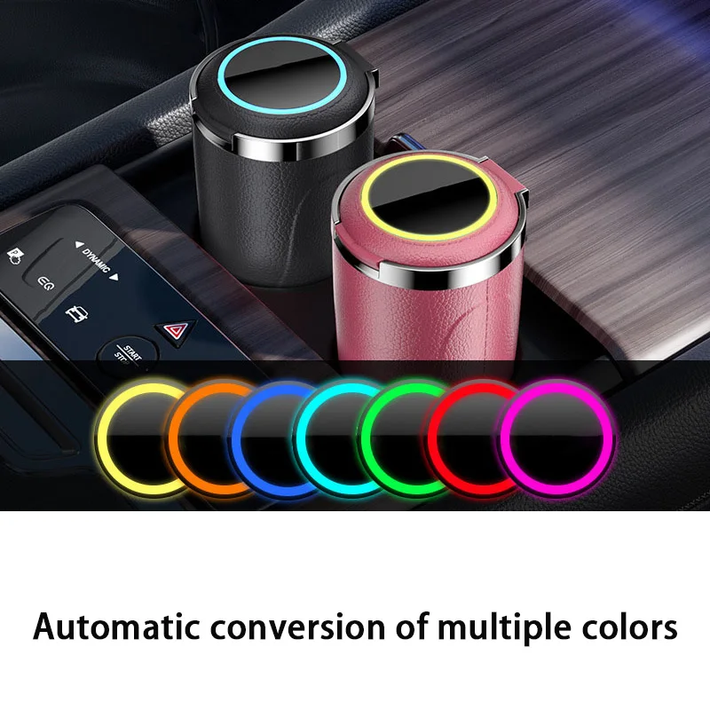PU Leather Car Ashtray with Lid Smell Proof Stainless Steel Blue Led Portable Ashtray Cup for Auto Fireproof Shell