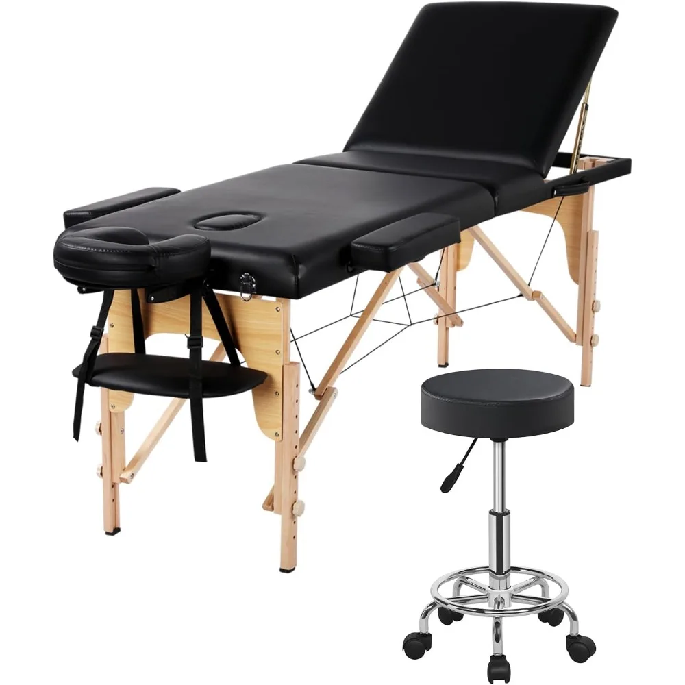 

Wood 3 Folding Massage Table with Rolling Stool Portable Massage Bed Spa Bed Stool Adjustable Swivel Salon Chair Massage Therap