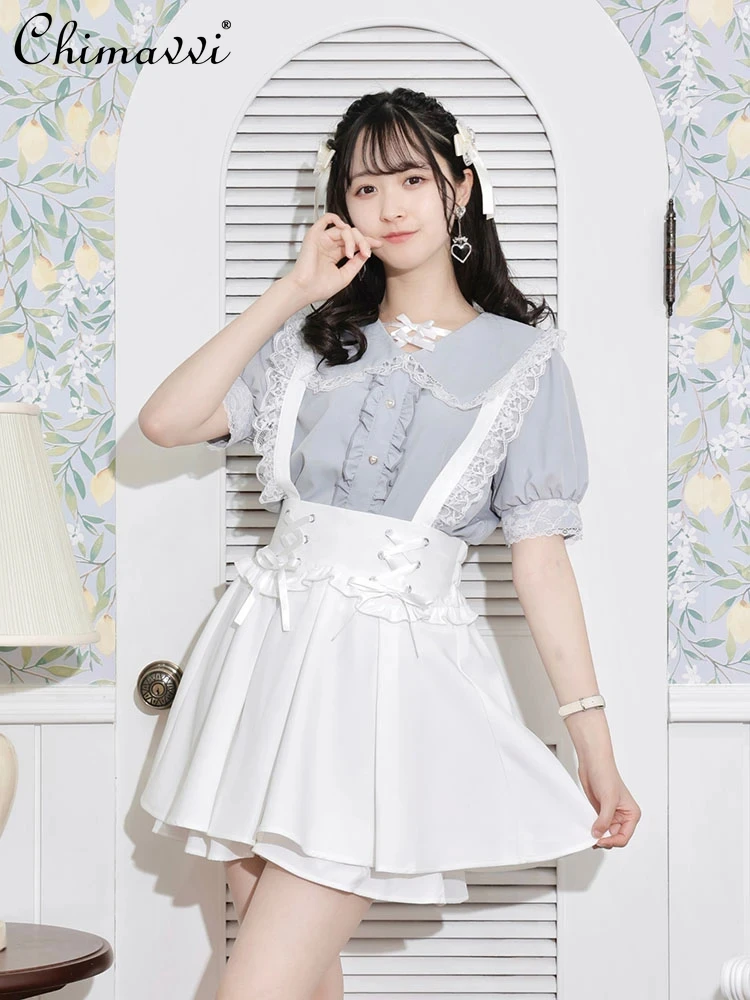 

Japanese Original New Lace Ruffles Single-Breasted Short Sleeve Blouse Sweet Bow Cute Lolita Mine Shirt Top Summer Blusas Mujer