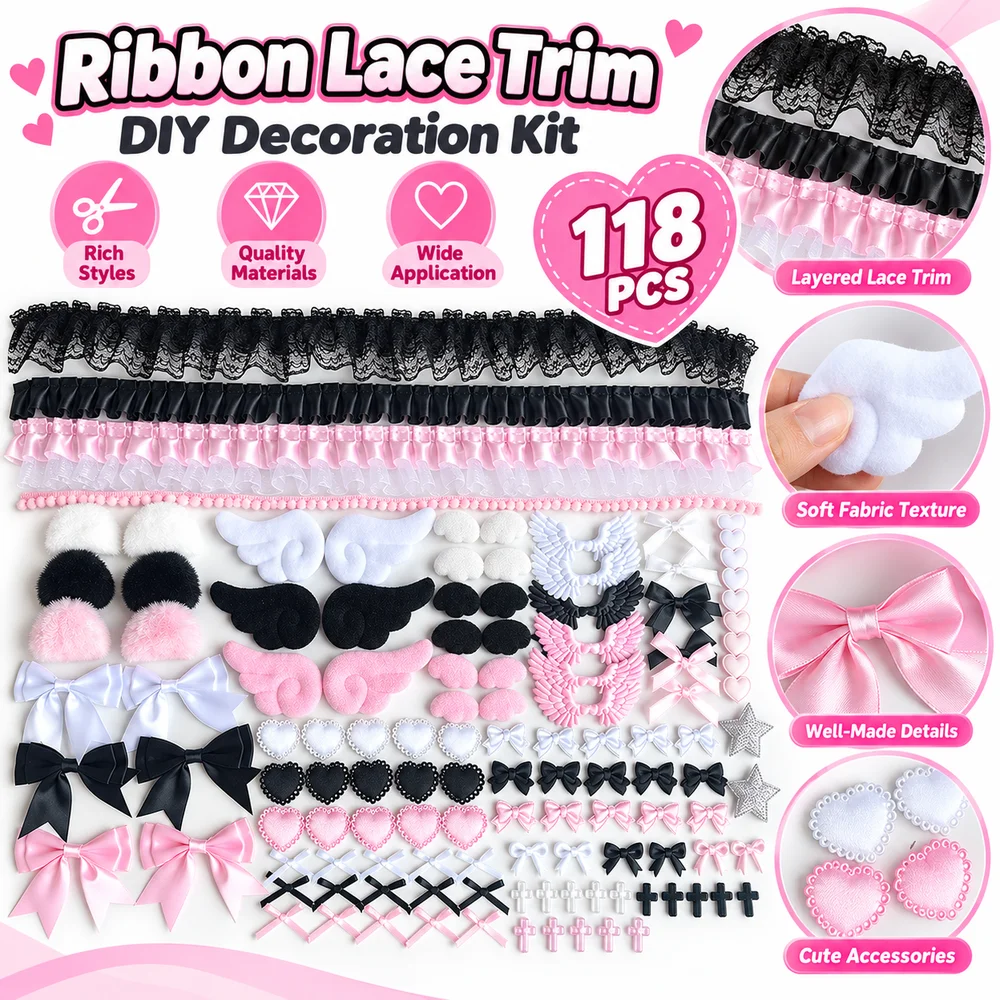 118pcs DIY Decoration Ribbon Lace Trim Set Cloth Colorful Craft Ribbon Set Polyester Soft Fabric Bag Decoration Material Kit